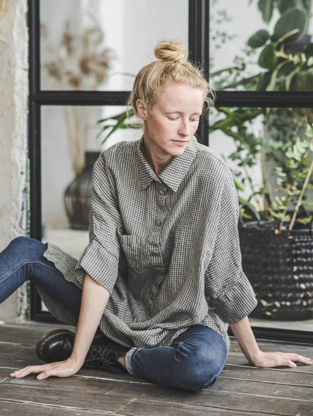 Oversized Gray Gingham Button-Down Shirt